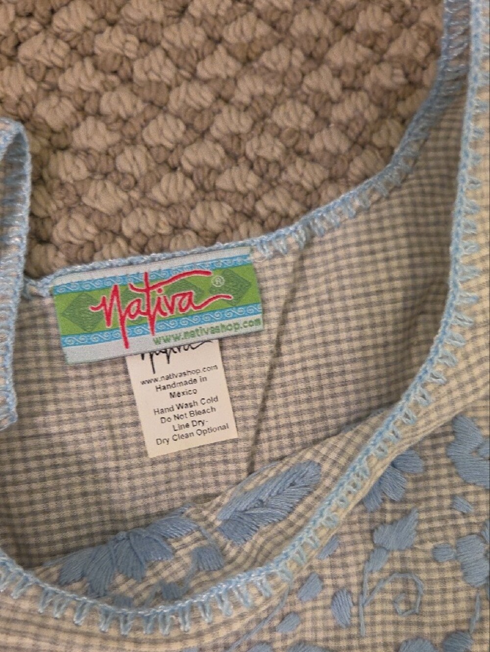 Nativa Light Blue Embroidered Mexican Square-Yoke grey gingham Tunic Sz XL - Picture 2 of 4